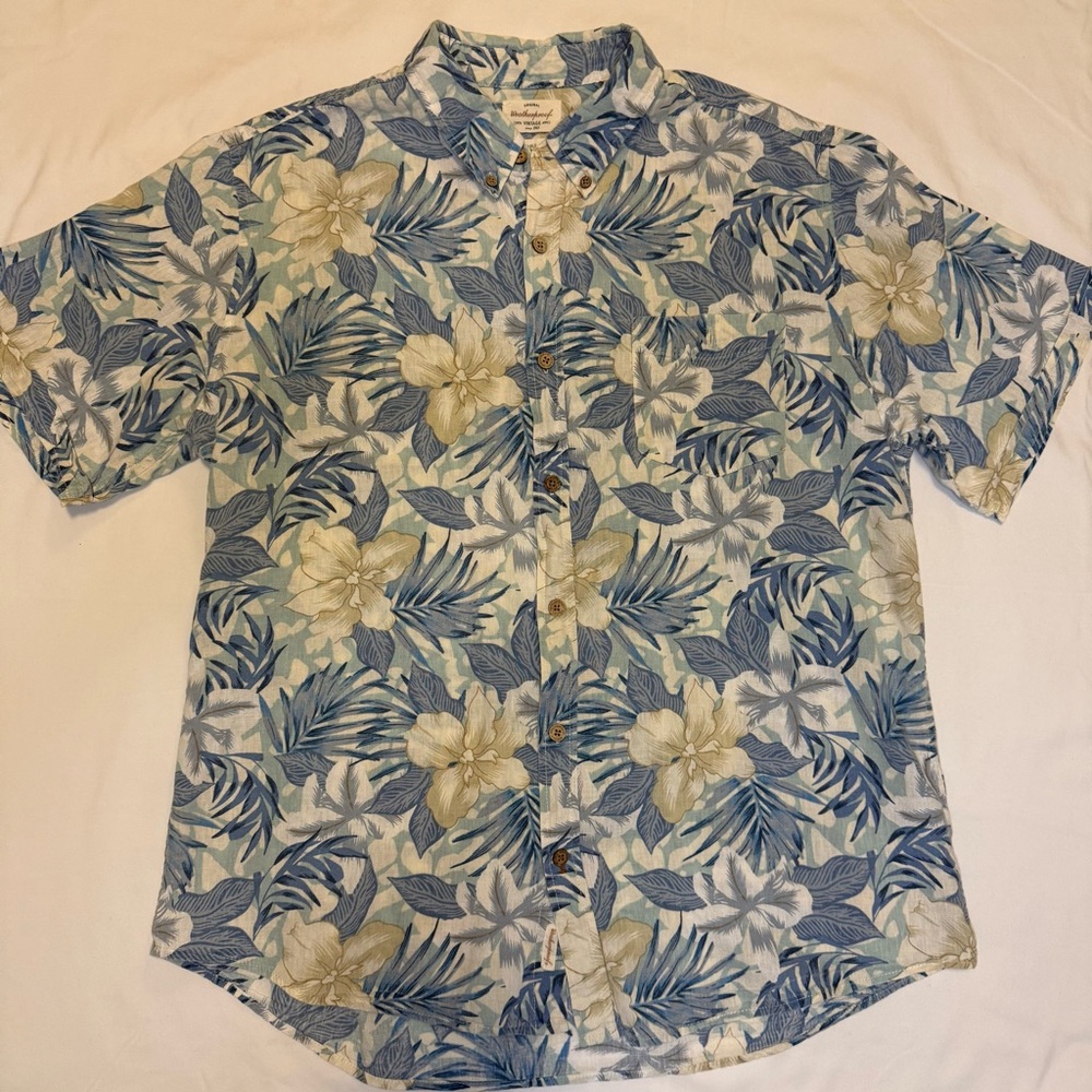 Weatherproof Vintage Mens XL Linen Hawaiian Floral Shirt Blue Beige Short Sleeve